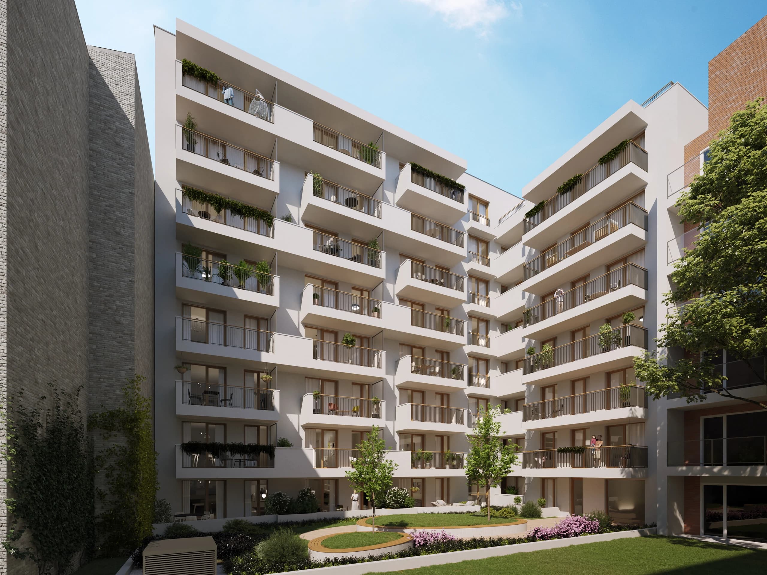 A MARA Residence homlokzata a belső kert felől, növényekkel borított erkélyekkel
